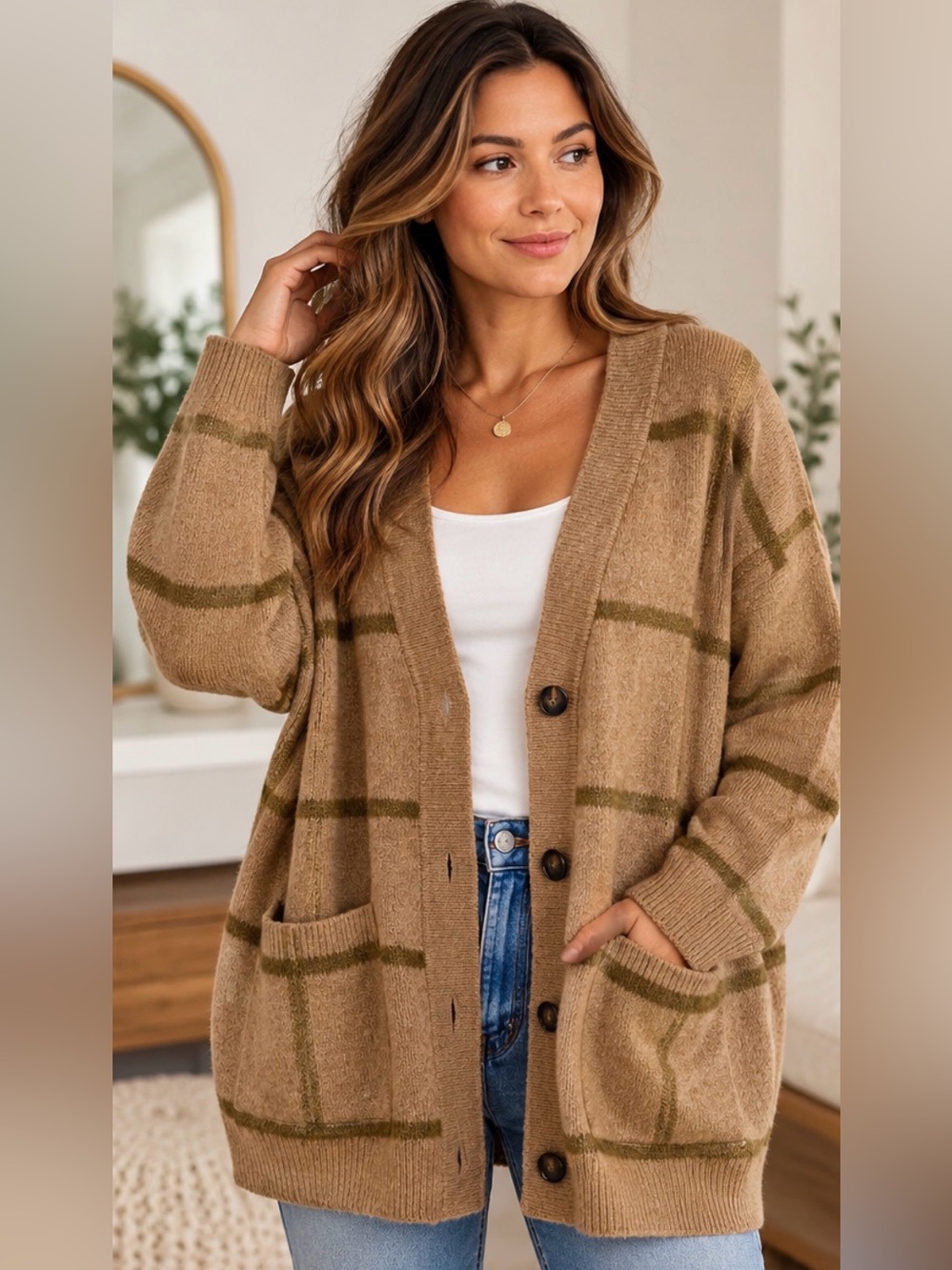 A New Day XXL Camel Windowpane Cardigan NWT Grandmacore